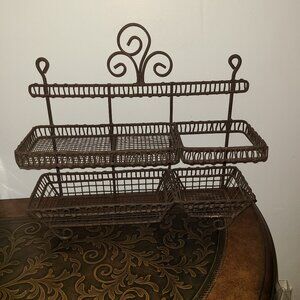VTG MCM Metal Mesh 2 Tier Bathroom Shelf Brown Rustic Farmhouse Free Stand /Hang